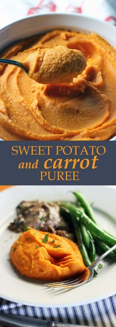 sweet potato and carrot puree in a white bowl with green beans on the side