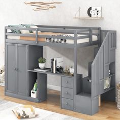 Twin Size Loft Bed with Wardrobe and Staircase, Desk and Storage Drawers and Cabinet in 1, Gray Loft Bed With Wardrobe, Modern Kids Beds, Desk And Storage, Wood Loft Bed, Bed With Wardrobe, Loft Bed Frame, Twin Size Loft Bed, Low Loft Beds, Style Bed