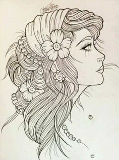 a girl with long hair and flowers in her hair, looking to the side coloring page