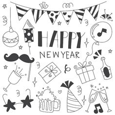 happy new year greeting card with hand drawn doodles and confetti on white background