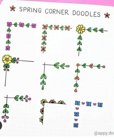 an open notebook with flowers and lines drawn on the pages, which are labeled spring corner doodles