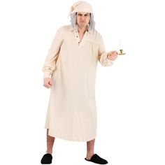 If you want to act like a classic miser, then this Humbug Nightgown Costume is perfect for you! The light cream gown is a floor-length garment that features a button-up front along the top, along with matching cuffs. It also has a collar around the neck for an old-timey look! Night Outfits Sleep, Men's Nightgown, Gown Costume, Man Dress, Crystal Wedding Dress, Christmas Play, Elf Costume, Twelfth Night, Holiday Costumes