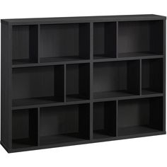 a black bookcase with six compartments on each side