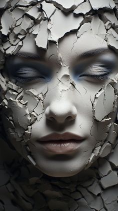 a woman's face is made up of cracked white paint and has blue eyes