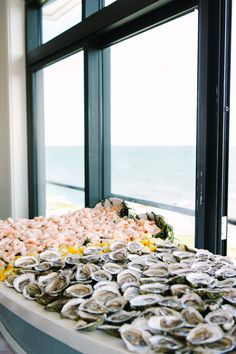 an assortment of oysters on display in front of a window