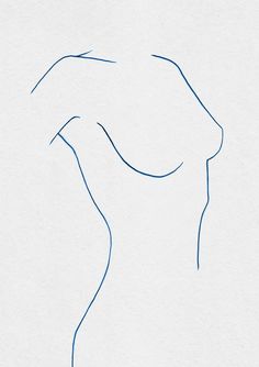 a drawing of a woman's torso in blue ink on white paper, with one line drawn across it