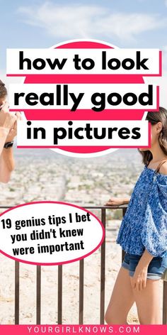 a woman standing on top of a balcony next to a sign that says how to look really good in pictures