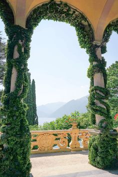 an arch covered in vines and ivys with mountains in the background