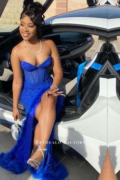 Strapless Royal Blue Sequins Corset Feather Slit Prom Dress Prom Dress With Corset On Top, Accessories On Dress, Strapless Royal Blue Dress, Long Blue Homecoming Dresses, Royal Blueprom Dress, Blue And Grey Prom Dress, Royal Blue Prom Dresses Corset, Kenyan Prom Dress, Unique Blue Prom Dresses