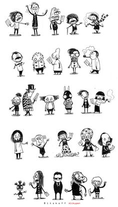 various cartoon characters are drawn in black and white