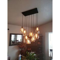 a chandelier hanging from the ceiling in a living room with potted plants