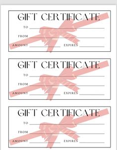 two gift certificates with red bows on them