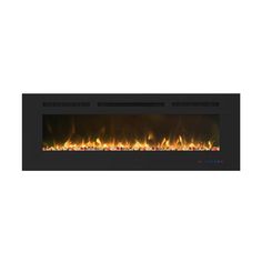 an electric fireplace with bright flames on the sides and black frame, in front of a white background