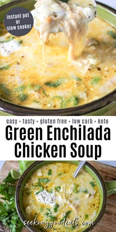 chicken enchilada soup in a green bowl with a spoon and title text