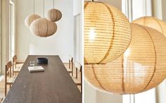 three different pictures of lamps hanging from the ceiling and in front of a dining room table