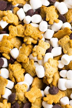 a close up view of some kind of candy cornflakes with marshmallows and chocolate chips