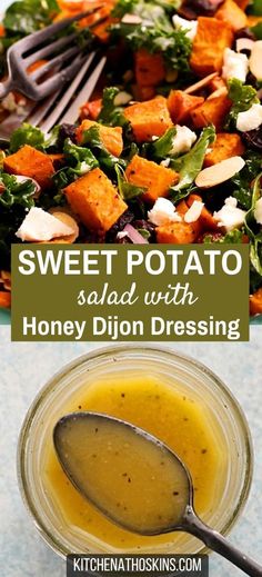 sweet potato salad with honey dijon dressing in a glass bowl and on a plate