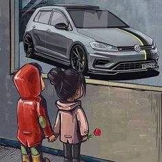 two children are standing in front of a car