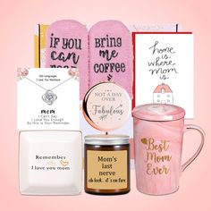 the mother's day gift set includes two mugs, socks and cards