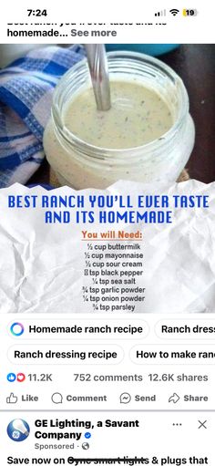 the recipe for homemade ranch sauce is in a jar