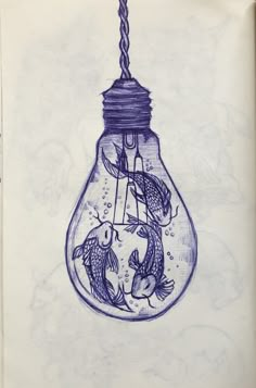 a drawing of two fish in a light bulb