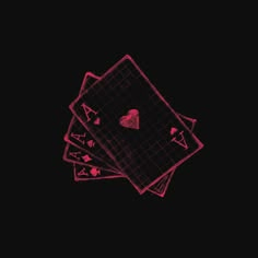 four playing cards with hearts and arrows on them are shown in red ink against a black background