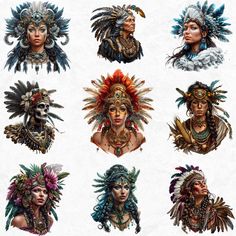 six native american women with headdress and feathers on their heads, all in different colors