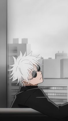 an anime character with white hair and sunglasses looking out over the cityscape in front of him