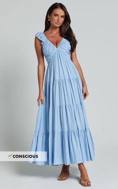 Nicollee Midi Dress - Plunge Neck Sleeveless Tiered Dress in Blue Long Baby Blue Dress, Party Wear Midi, Blue A Line Dress, Semi Casual Dresses, Blue Wedding Guest Dresses, Blue Boho Dress, Casual Beach Dress, Semi Formal Outfits, Spring Wedding Guest Dress