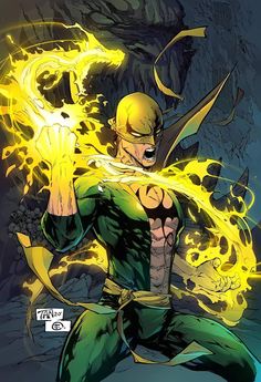 the green lantern is running with his arms out and yellow fire coming from his chest