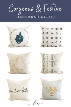 six pillows with different designs on them and the words, gorgeous & festive hanukkah decor