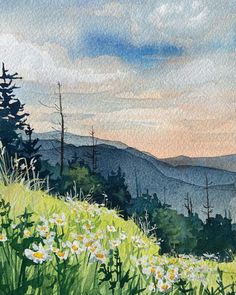 watercolor painting of mountains and trees with flowers in the foreground, on a sunny day