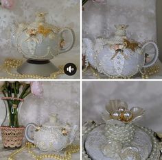 four pictures of teapots with pearls on them and flowers in vases next to each other