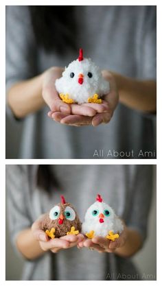 two pictures of people holding small stuffed animals in their hands