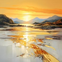 an oil painting of the sun setting over a body of water with mountains in the background