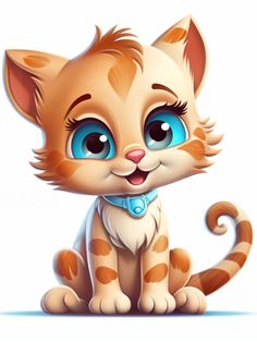 a cartoon cat with blue eyes sitting down