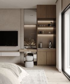 Coffee Nook Bedroom, Hotel Room Interior Modern, Tv Bedroom Design, Minimalist Hotel Room Design, Minimalist Master Room, Living Room Behance, Tv Bedroom, Bedroom Modern Minimalist, Tv Unit Bedroom