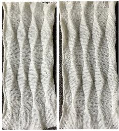 two pictures of white knitted fabric with wavy lines on them, one showing the top and bottom