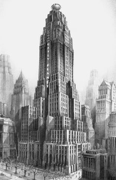 a drawing of a large building in the middle of a city with tall buildings on both sides