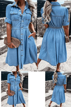 Get a casual shirt dress look with  - Denim Dress. Lightweight denim gives this dress structure Casual Midi Length Denim Dress, Trendy Non-stretch Dresses With Pockets, Casual Midi Denim Dress For Dress Down, Casual Denim Midi Dress For Dress Down Days, Casual Midi Denim Dress, Elegant Denim Blue Short Sleeve Dress, Trendy Dresses With Pockets, Elegant Short Sleeve Denim Blue Dress, Summer Workwear Medium Wash Midi Dress