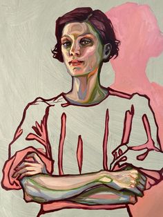 a painting of a woman with her arms crossed, in front of a pink background