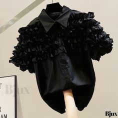 Bjux - Stylish Solid Color Pleated Short Sleeve Shirt for Fashionable Individuals Woman Blouse Fashion, Black F, Ruffle Shirt, Pleated Shorts, Summer Blouses, Style Cardigan, Beauty Tutorials, Loose Shorts, Casual Blouse