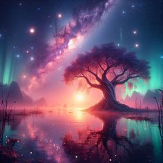 an image of a tree in the middle of water with stars and lights above it