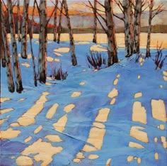 a painting of snow and trees in the woods