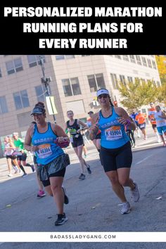 two women running in a marathon with the words personalized marathon running plans for every runner