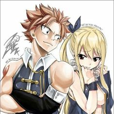 two anime characters one with blonde hair and the other wearing blue, are posing together