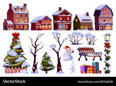 a set of christmas scenes with houses and trees