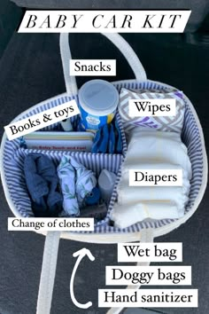 an organized diaper bag with labels and instructions for how to pack the baby car kit