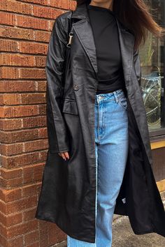 Faux Leather Notch Lapel Collar Side Pocket Coat Oversized Black Leather Jacket Outfit, Scorpio Wardrobe, Black Leather Trench Coat Outfit, Long Leather Jacket Outfit, Trench Coat Aesthetic, Leather Trench Coat Outfit, Rainy Weather Outfits