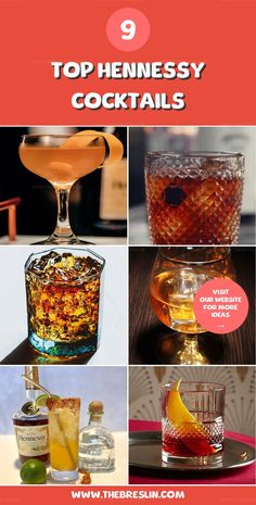 the top hennessy cocktails in this postcard are different types of drinks